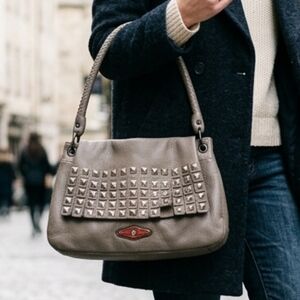 Elliott Lucca Pebbled Leather Purse Gray Square Studs Braided Handle